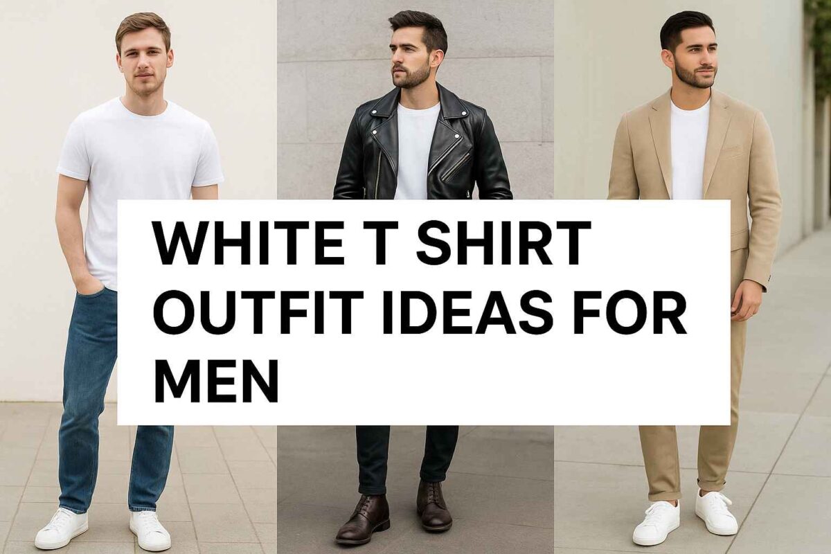 “White t shirt outfit idea for men showing casual with jeans, smart with blazer, and edgy with leather jacket.”