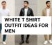 “White t shirt outfit idea for men showing casual with jeans, smart with blazer, and edgy with leather jacket.”